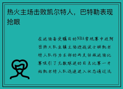 热火主场击败凯尔特人，巴特勒表现抢眼