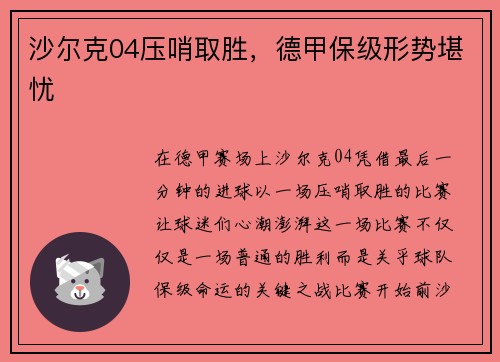 沙尔克04压哨取胜，德甲保级形势堪忧