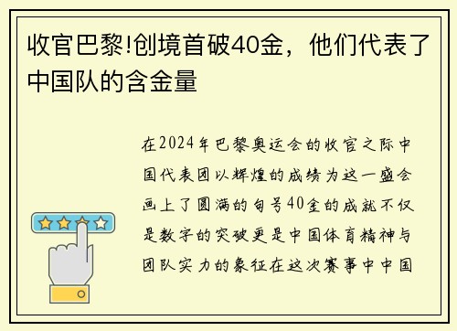 收官巴黎!创境首破40金，他们代表了中国队的含金量